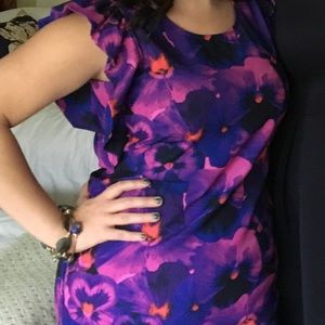Purple Floral print dress with ruffle sleeve